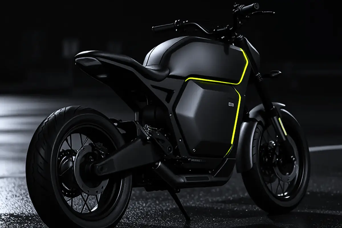 Vaayu Street parked on wet asphalt at night, side three-quarter, a lime line tracing its battery pack.